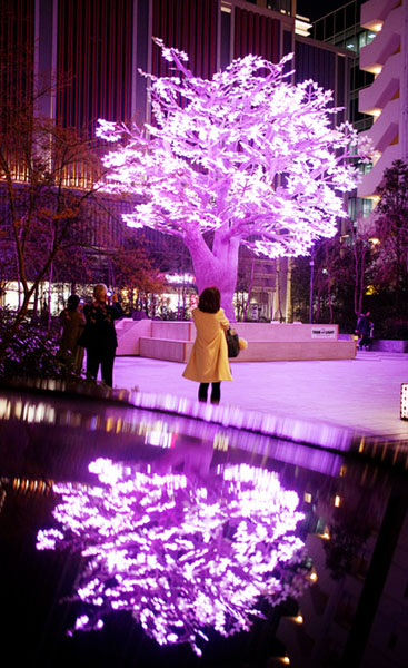 东京举办“日本桥·樱花庆典” 10万个LED灯泡打造另类樱花