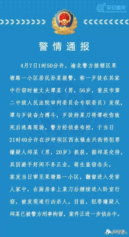 重庆二中院原副院长家中与小偷搏斗被砍死 嫌犯已被刑拘