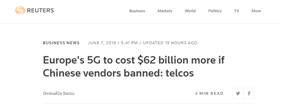 路透社：如封杀华为中兴 欧洲建5G要多花4287亿