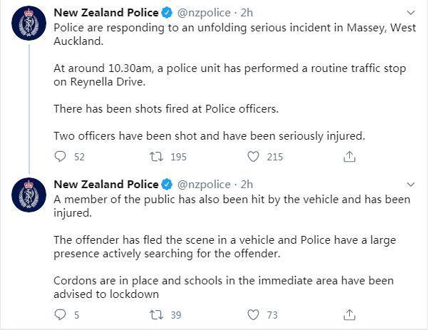 新西兰奥克兰发生枪击事件 致一名警察身亡