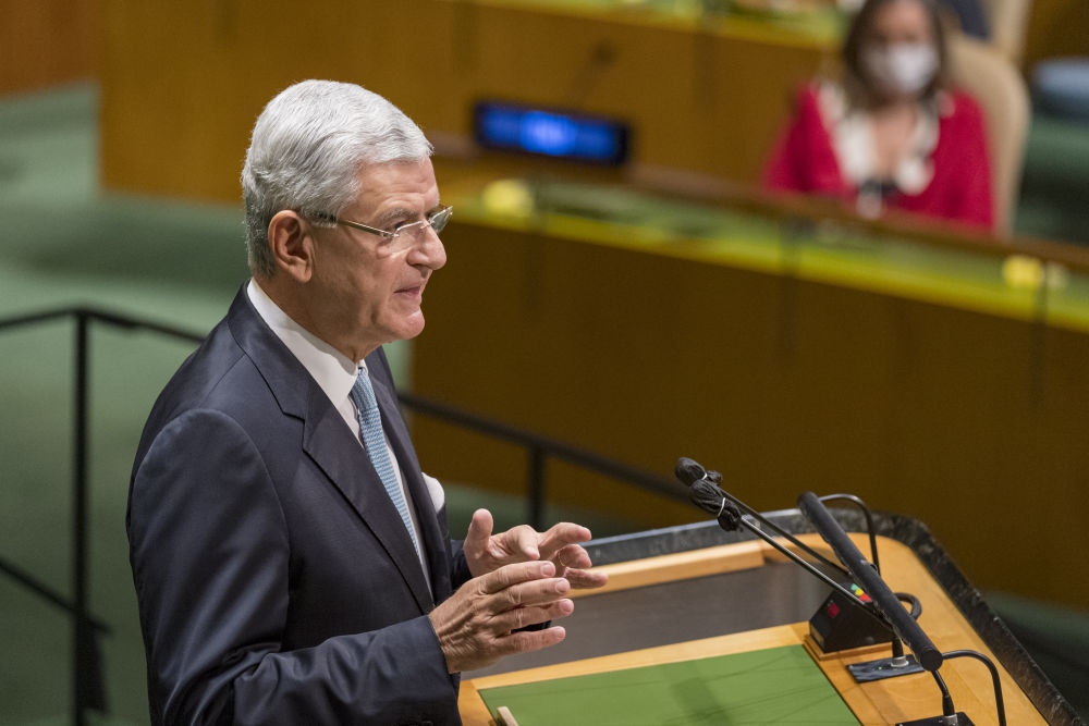 9月22日,在位于纽约的联合国总部,第75届联合国大会主席博兹克尔发表