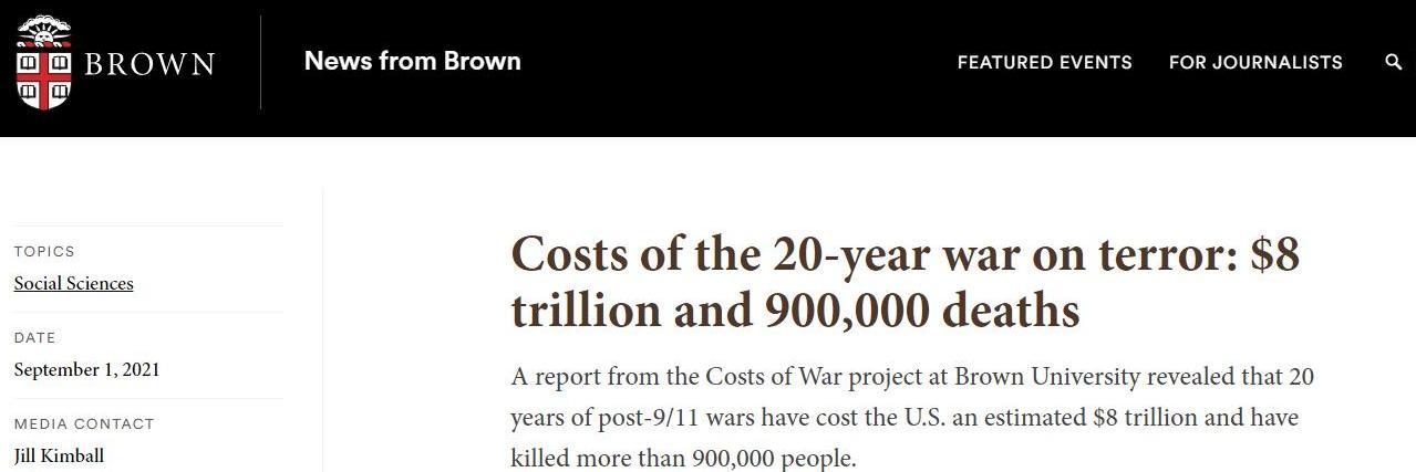 最新报告：美国20年反恐战争约致90多万人直接丧生